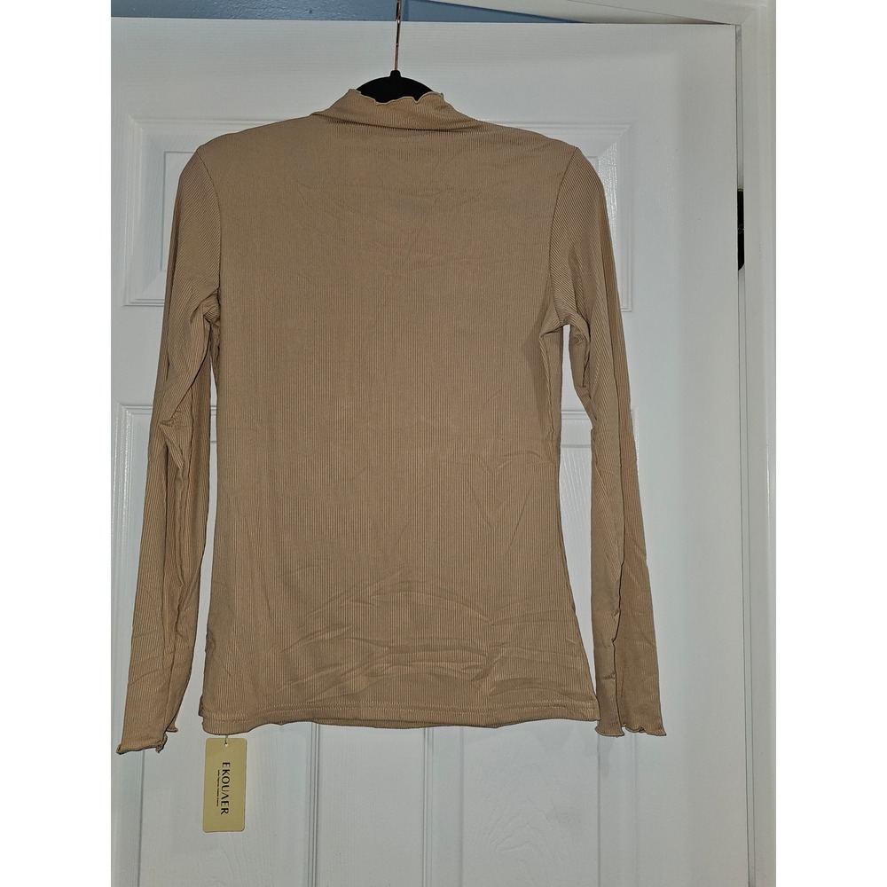 Ekouaer Mock Neck Ribbed Long Sleeve Top Tan Lettuce Edge Trim Small NEW set 2